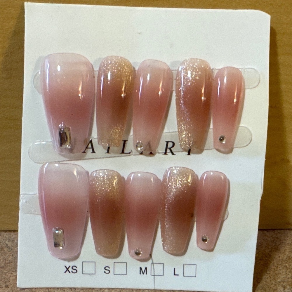 Pink Ombre Glitter Press On Nails Long Coffin Rhinestone Accents Set